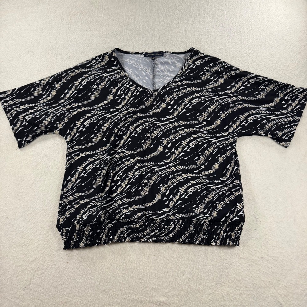 Adrienne Vittadini Blouse Womens S Black White Abstract Smocked Hem Versatile